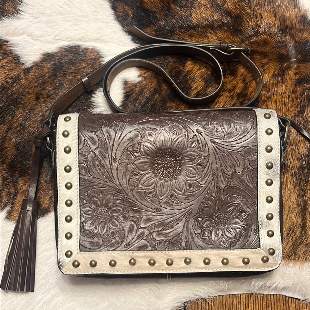 Ariat Brown and Cream Crossbody Bag with Floral Embossing